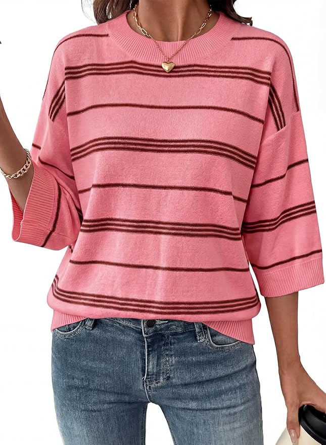 Dokotoo 3/4 Sleeve Striped Crewneck Pullover